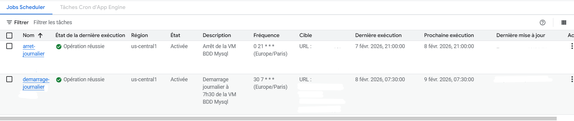 Les schedulers pour l'arrêt de redémarrage de la base de données