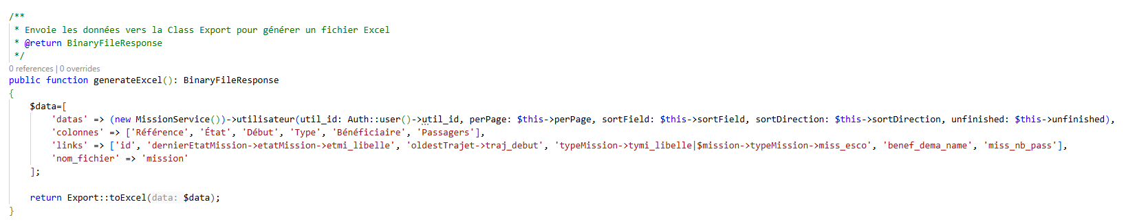 Code pour l'export de fichier Excel