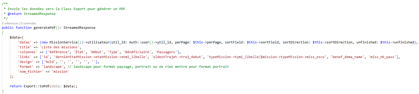 Code pour l'export de fichier PDF